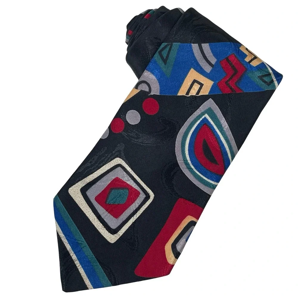 Vintage Haggar Necktie Tie Black Geometric Abstract Pattern Art Deco 90s